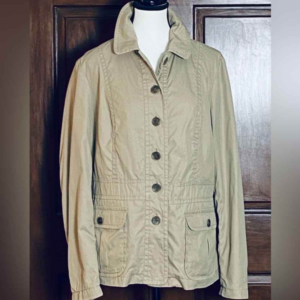 Lands' End Khaki Cotton Safari Jacket Utility Pocket Button Down Size 14